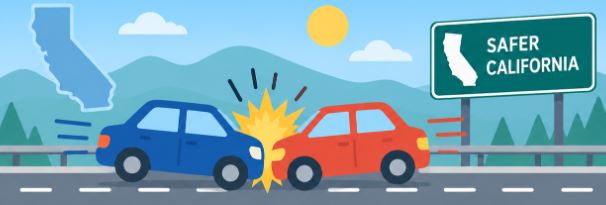 Two animated cars colliding on a California highway
