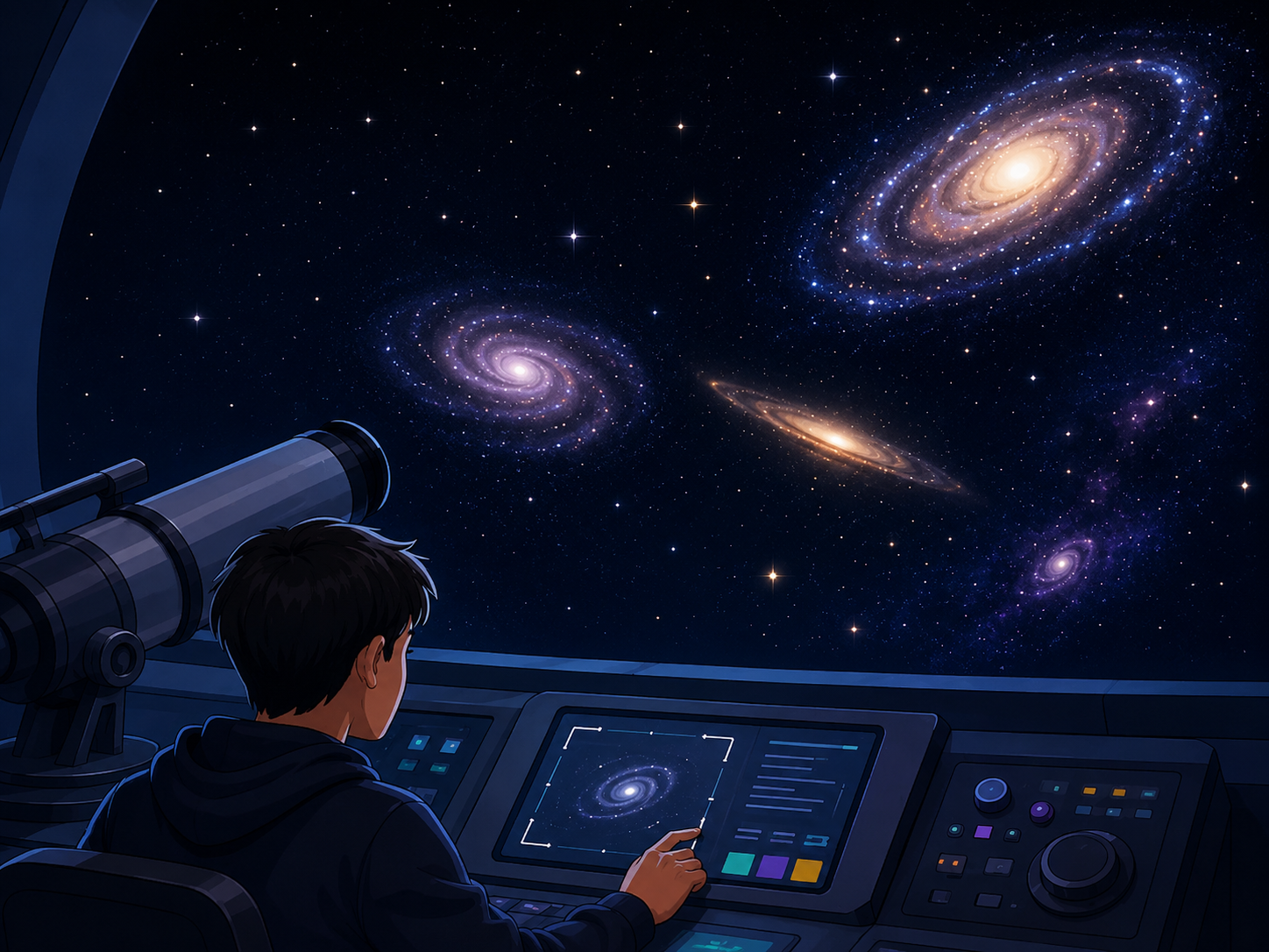 Student using a telescope and observatory console while viewing distant galaxies in space