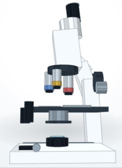 Compound microscope with objective lenses, stage, focus controls, and illuminator