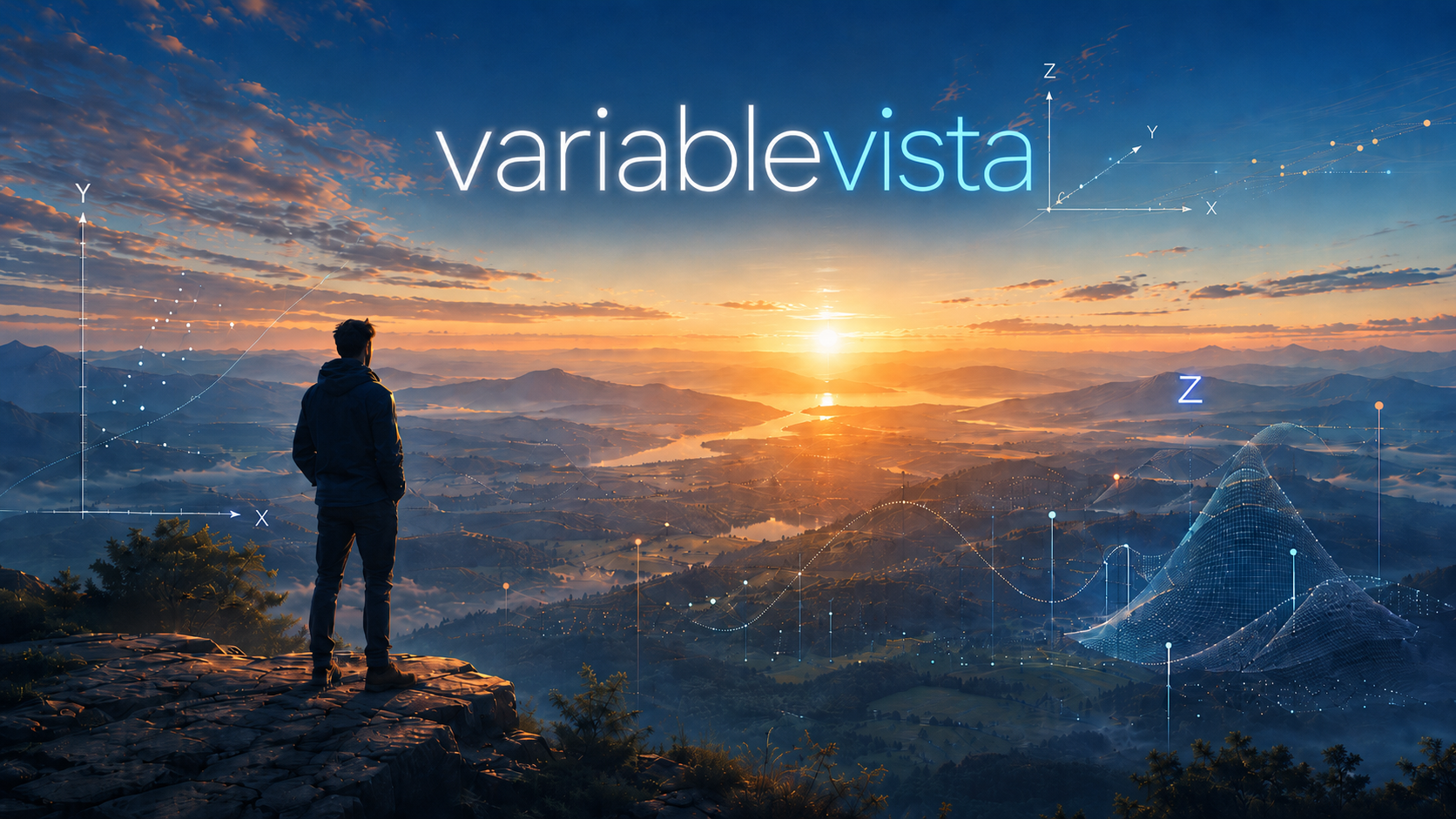 A person overlooking a landscape filled with graphs, variables, and scientific data visualizations